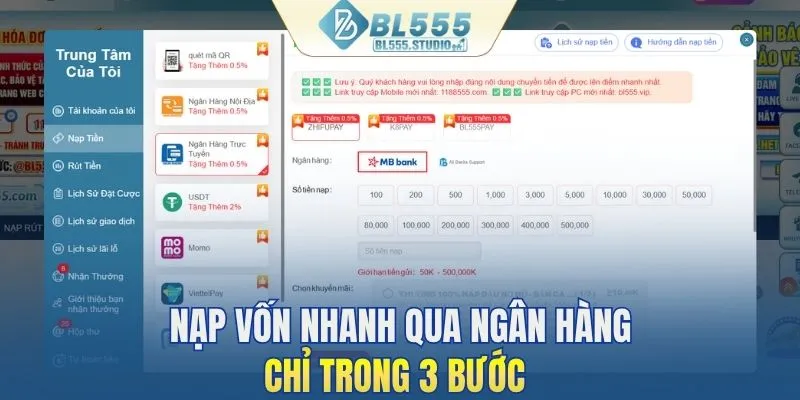 Nạp vốn nhanh qua ngân hàng chỉ trong 3 bước